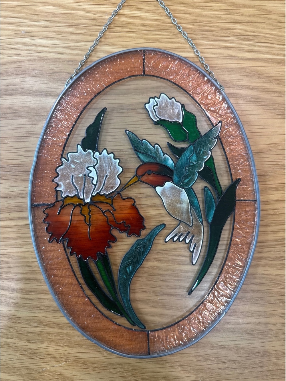 Oval Stained Glass Suncatcher with Hummingbird and Iris Flower Design